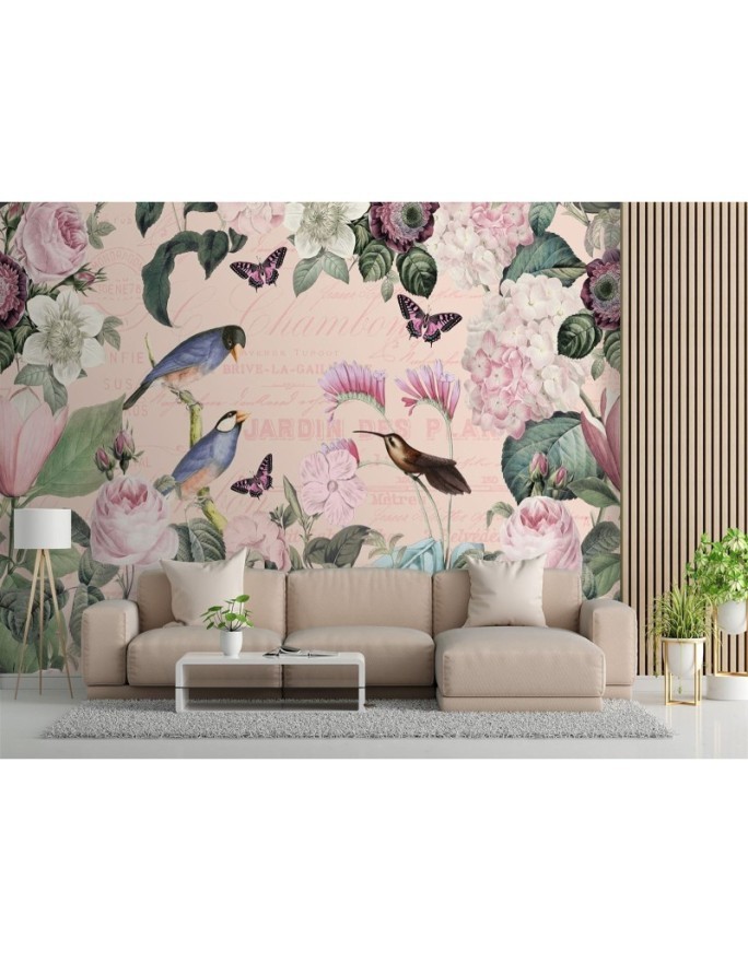 Modern Wallpaper - Birds in flowers dark pink Andrea Haase | FEEBY
