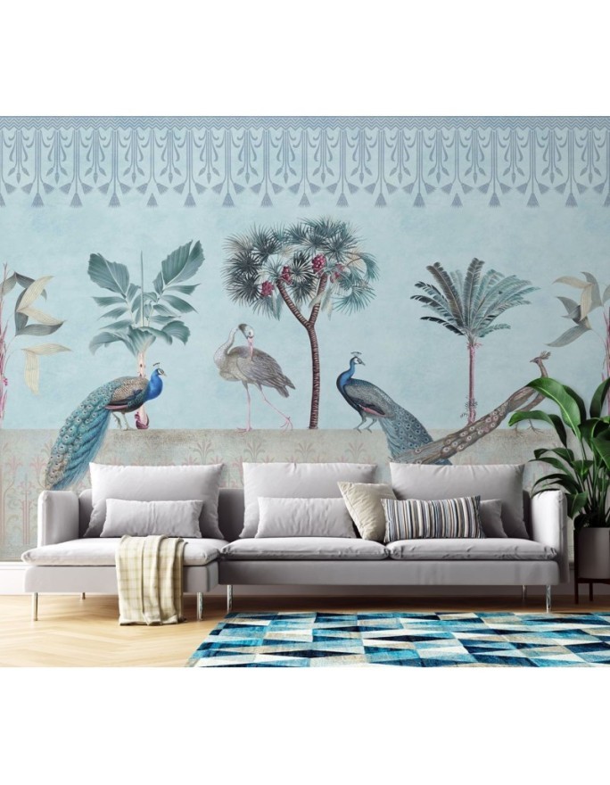 Designer Wallpaper - Peacocks in a jungle blue Andrea Haase | FEEBY