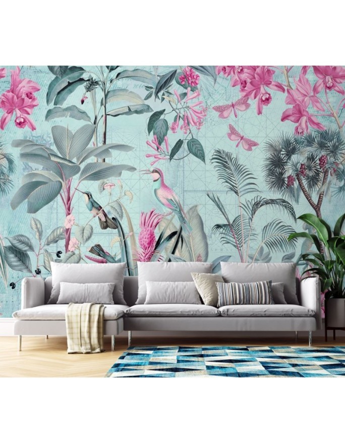 Mural - Birds among the leaves blue and pink Andrea Haase | FEEBY
