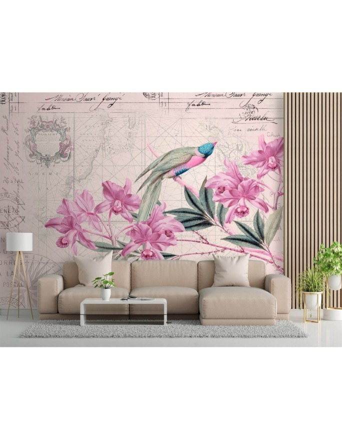 Original wall mural - Bird on a branch pink Andrea Haase | FEEBY