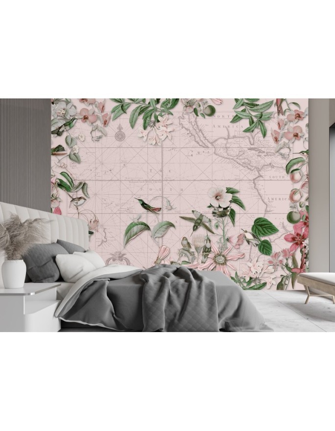 Wall mural - Birds around the continents map pink Andrea Haase | FEEBY