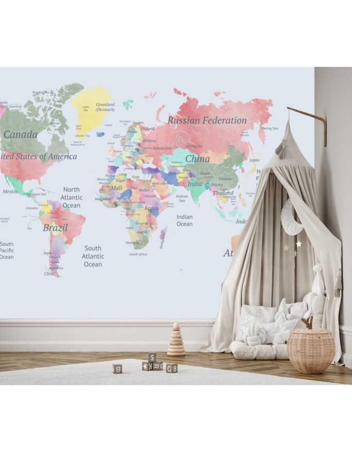 Children's room wall mural - Pastel coloured map | FEEBY