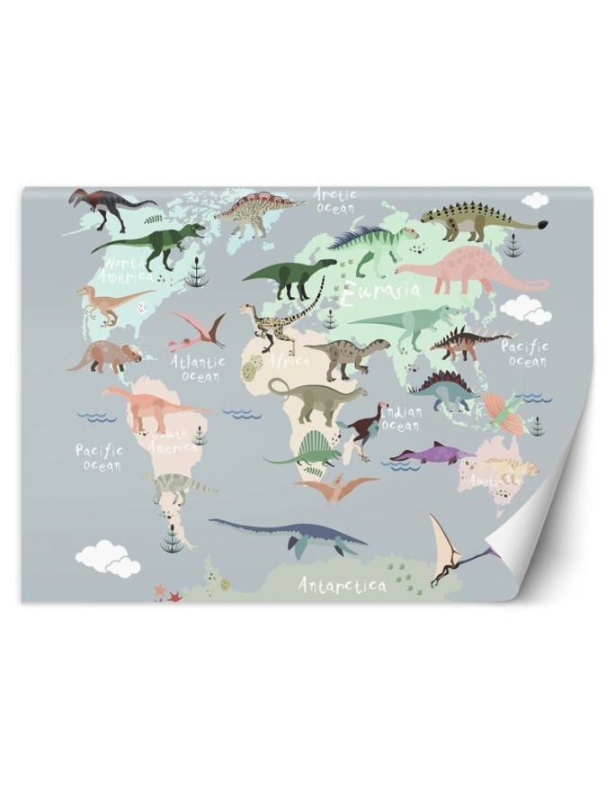 Children's room wall mural - Pastel coloured dinosaur map | FEEBY