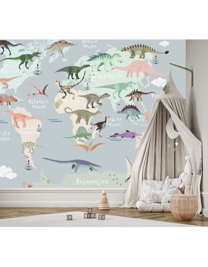 Children's room wall mural - Pastel coloured dinosaur map | FEEBY