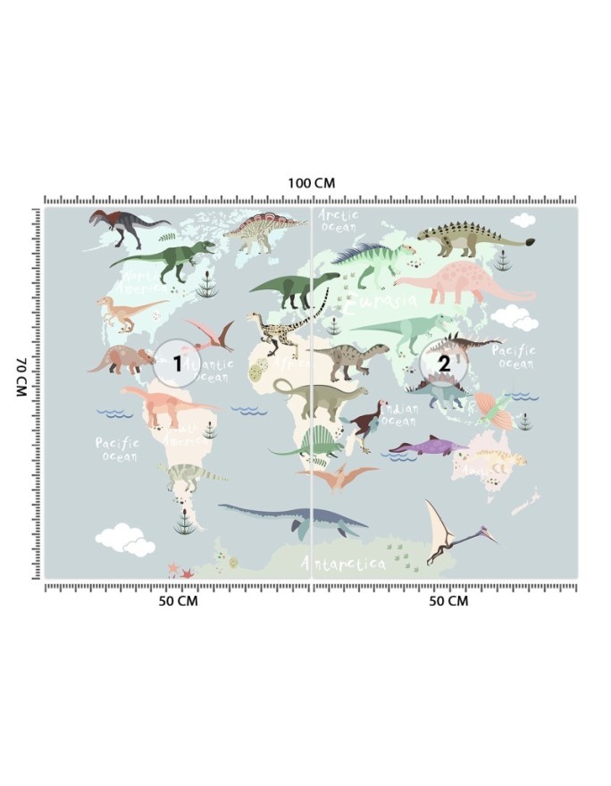 Children's room wall mural - Pastel coloured dinosaur map | FEEBY