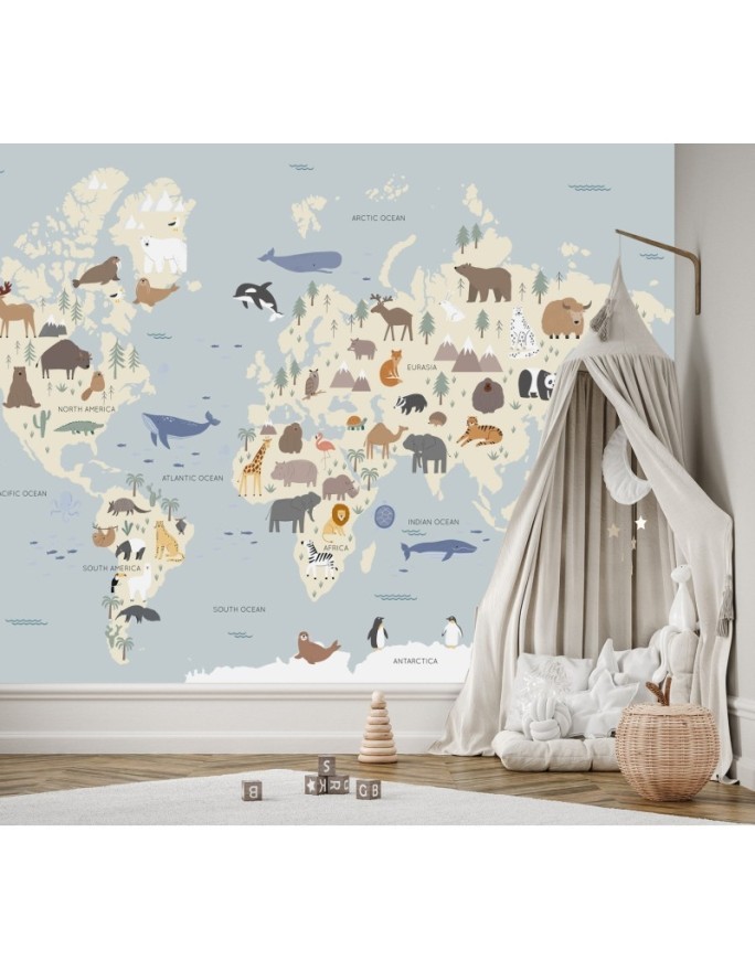 Children's room wall mural - Pastel coloured map of the continents | FEEBY