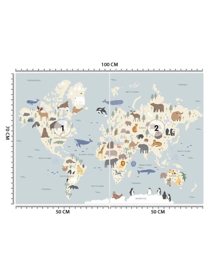Children's room wall mural - Pastel coloured map of the continents | FEEBY