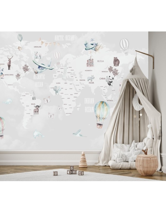 Children's wall mural - Pastel map of balloons | FEEBY