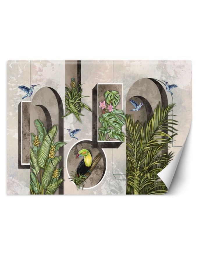 Wallpaper - Shapes in wall with plants and birds toucan hummingbird | FEEBY