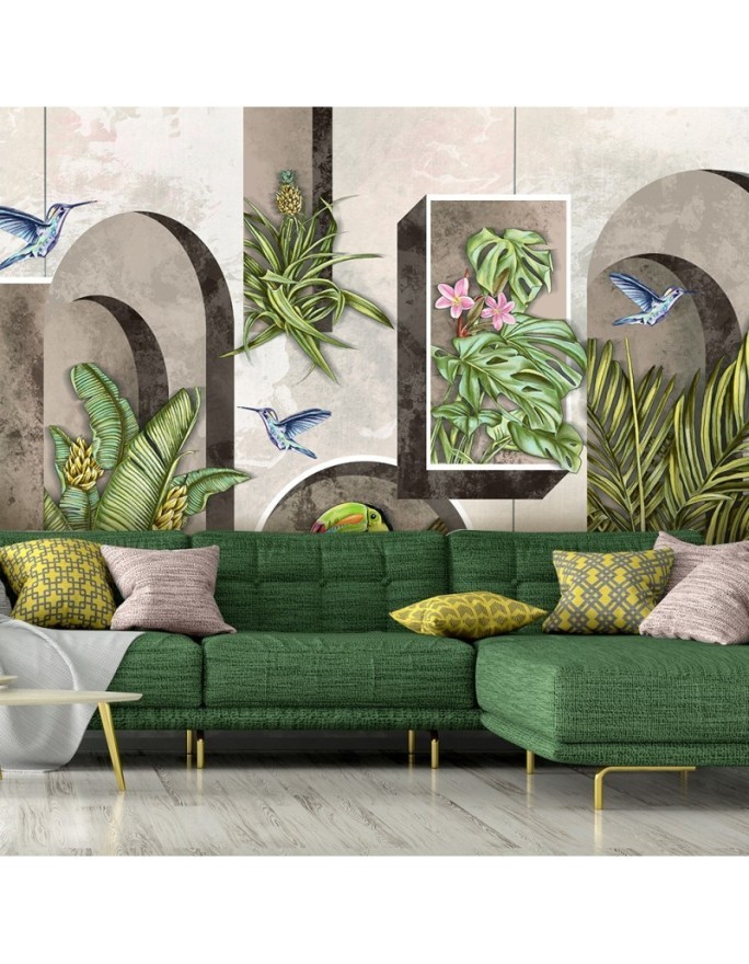 Wallpaper - Shapes in wall with plants and birds toucan hummingbird | FEEBY