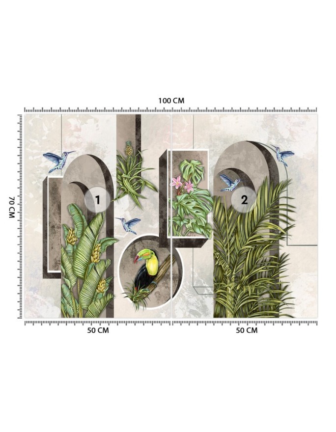 Wallpaper - Shapes in wall with plants and birds toucan hummingbird | FEEBY