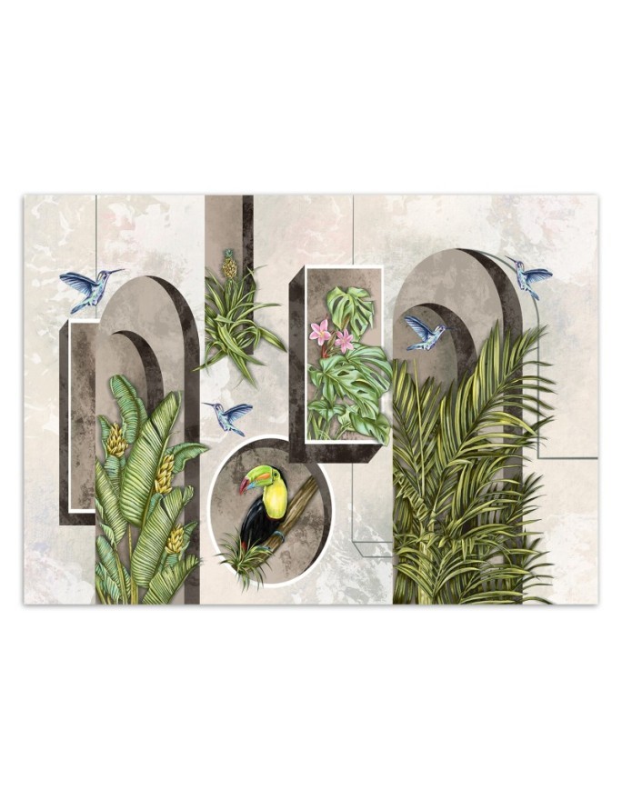 Wallpaper - Shapes in wall with plants and birds toucan hummingbird | FEEBY