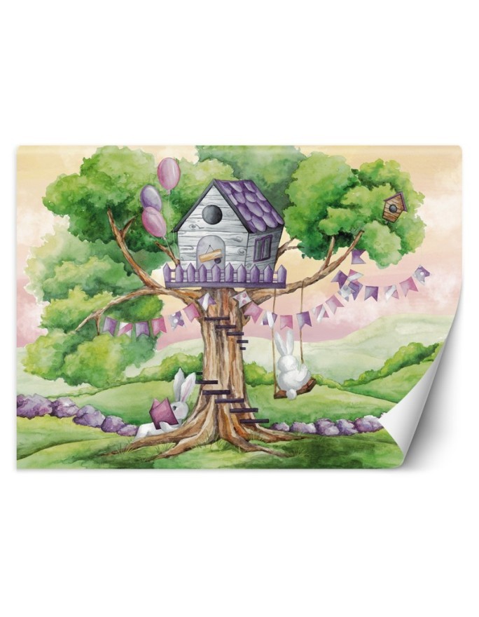 Children's wall mural - White rabbits hut in the tree | FEEBY
