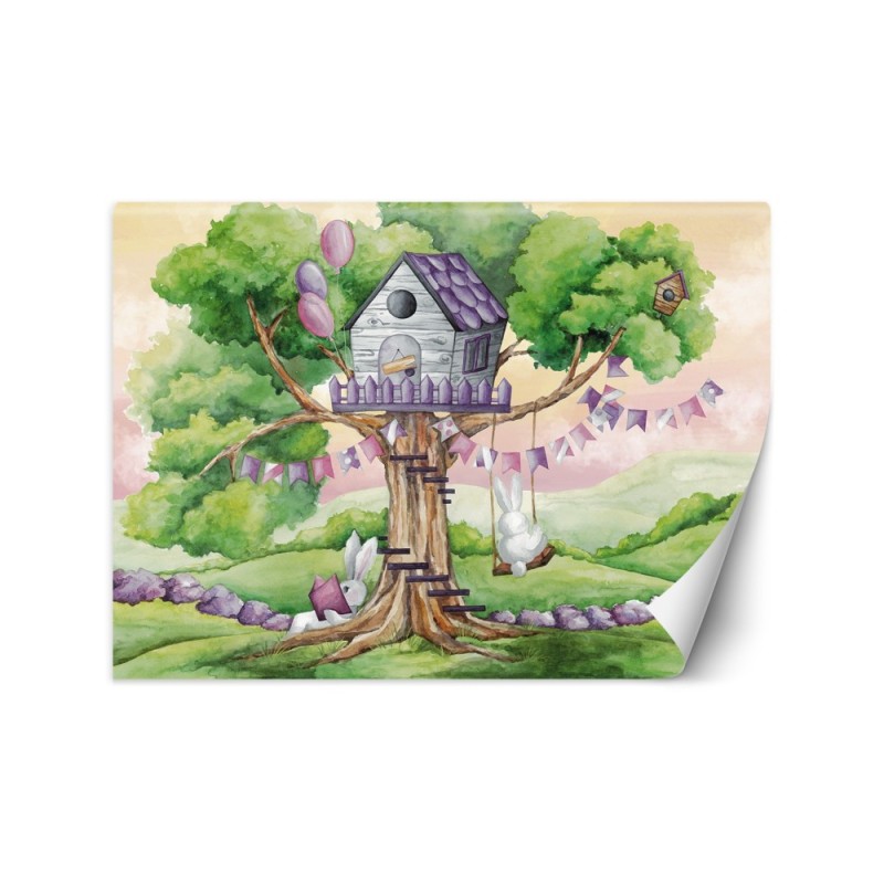 Children's wall mural - White rabbits hut in the tree | FEEBY
