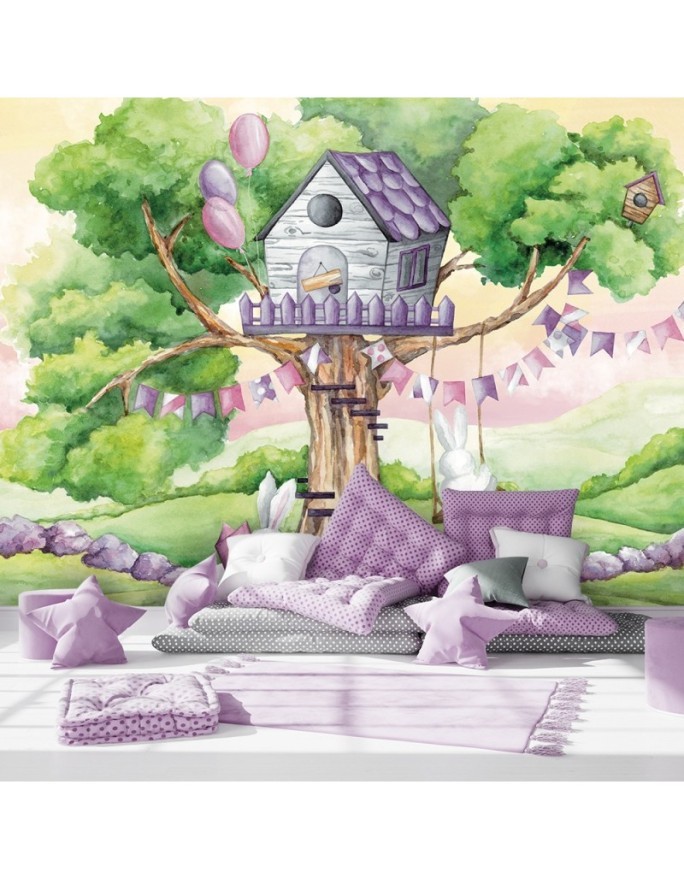 Children's wall mural - White rabbits hut in the tree | FEEBY