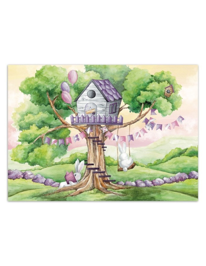 Children's wall mural - White rabbits hut in the tree | FEEBY