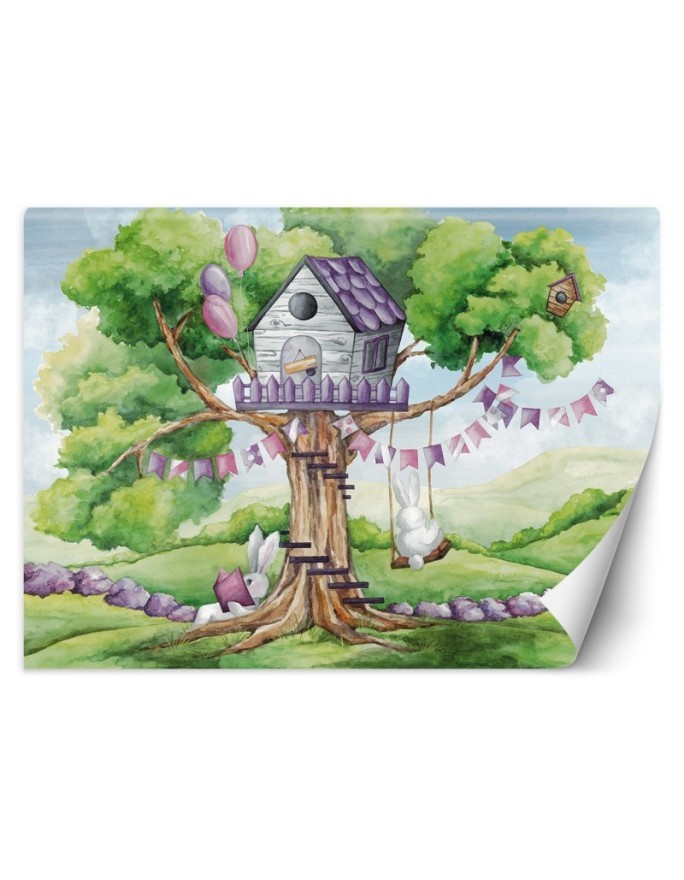 Children's wall mural - White rabbits hut in the tree | FEEBY