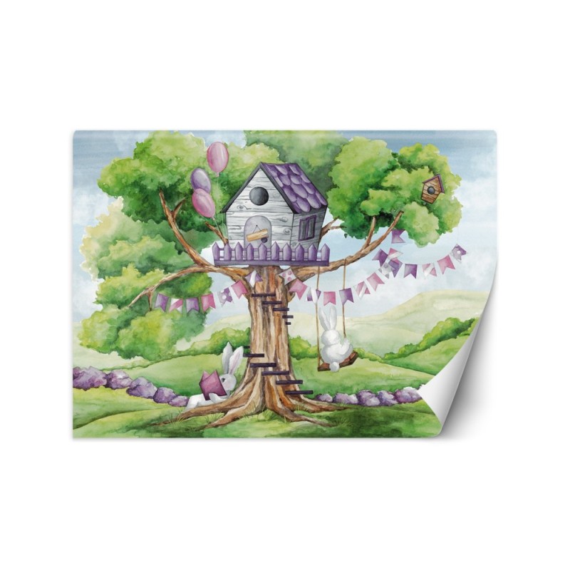 Children's wall mural - White rabbits hut in the tree | FEEBY