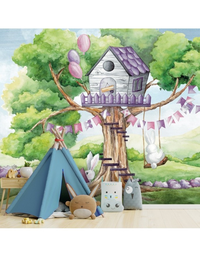 Children's wall mural - White rabbits hut in the tree | FEEBY