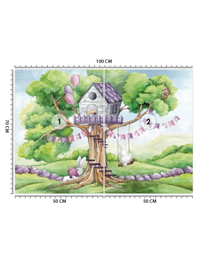 Children's wall mural - White rabbits hut in the tree | FEEBY