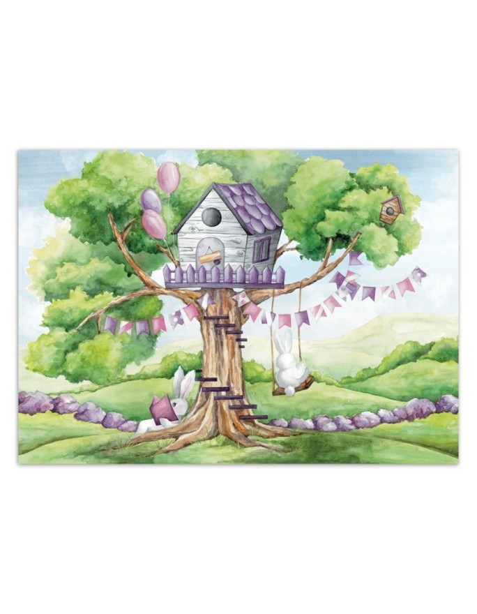 Children's wall mural - White rabbits hut in the tree | FEEBY