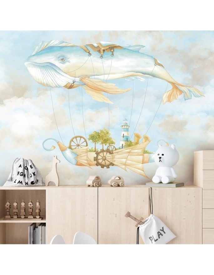 Children's Wallpaper - Flying whale and ship | FEEBY