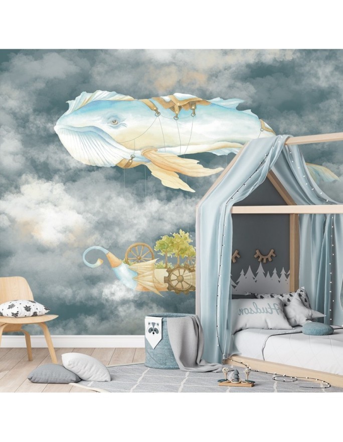 Children's Wallpaper - Flying whale and ship | FEEBY