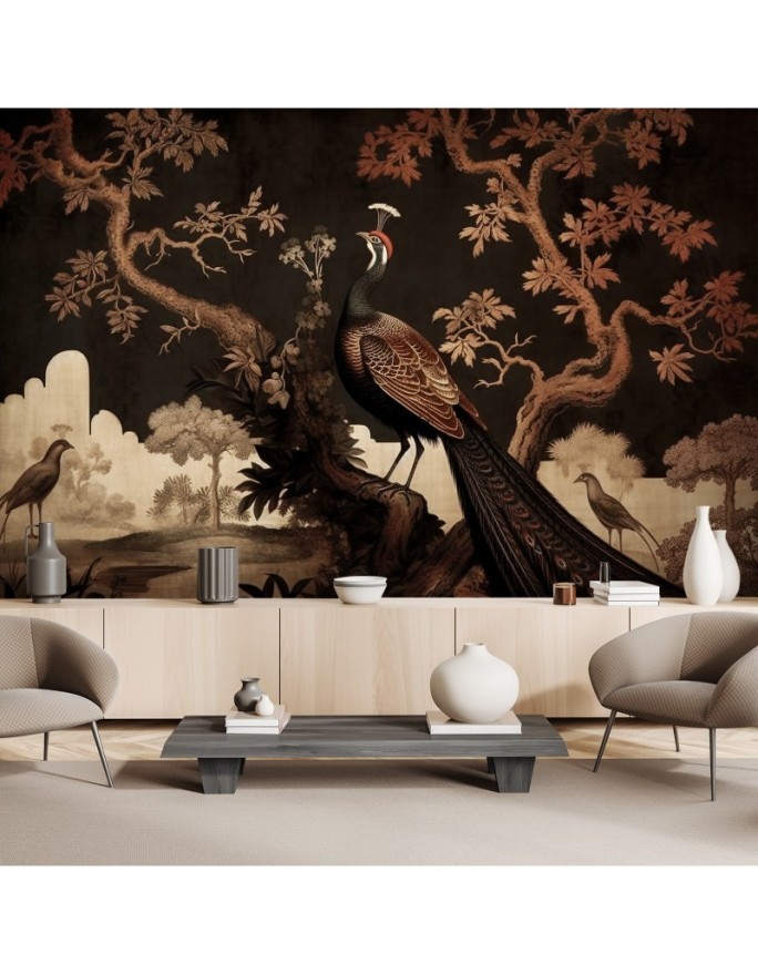 Photo wallpaper for living room - Oriental peacock on a tree | FEEBY