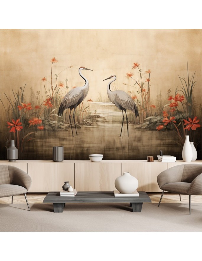 Photo wallpaper for living room - Cranes on the lake | FEEBY