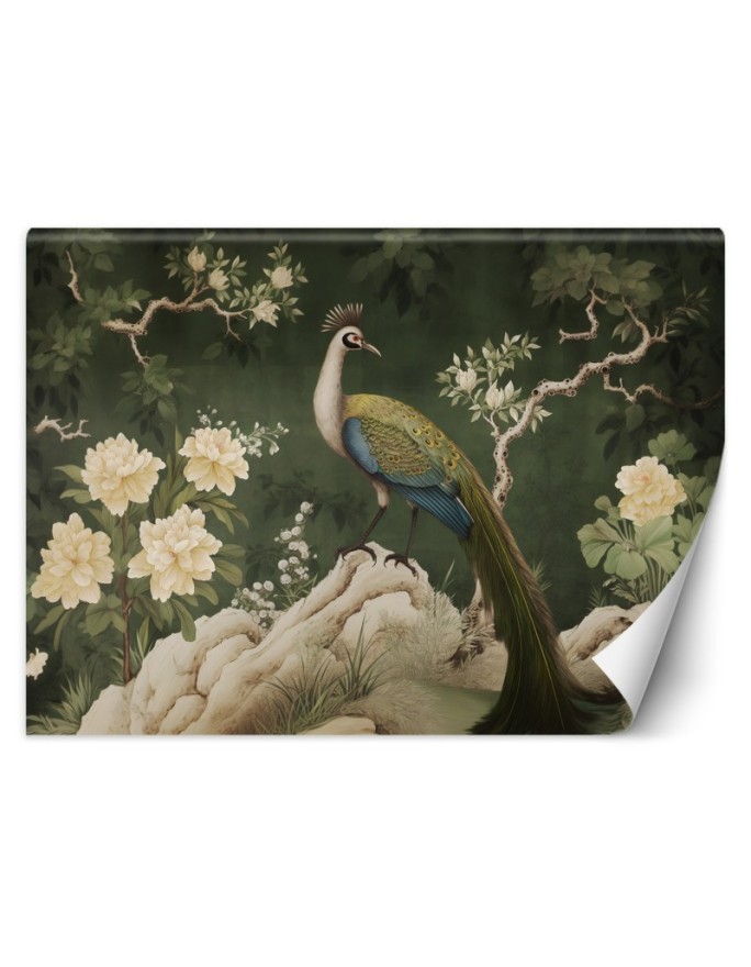 Photo wallpaper for living room - Oriental green peacock | FEEBY