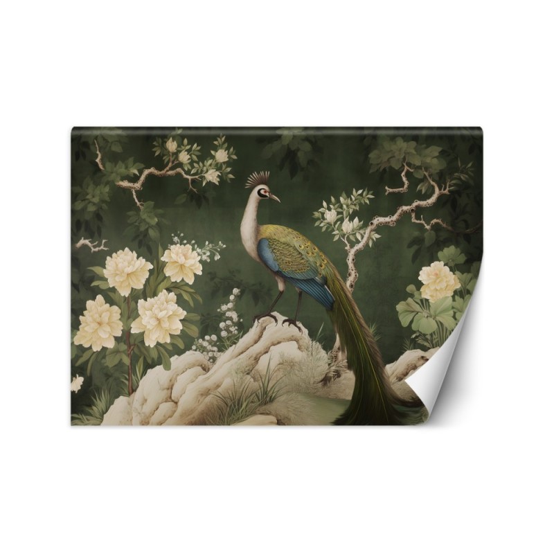 Photo wallpaper for living room - Oriental green peacock | FEEBY
