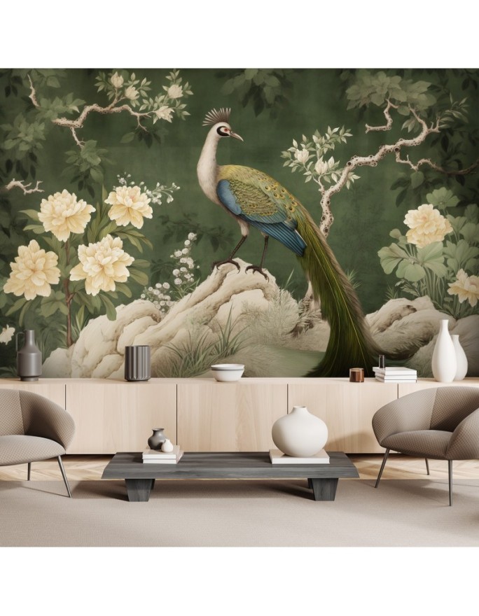 Photo wallpaper for living room - Oriental green peacock | FEEBY