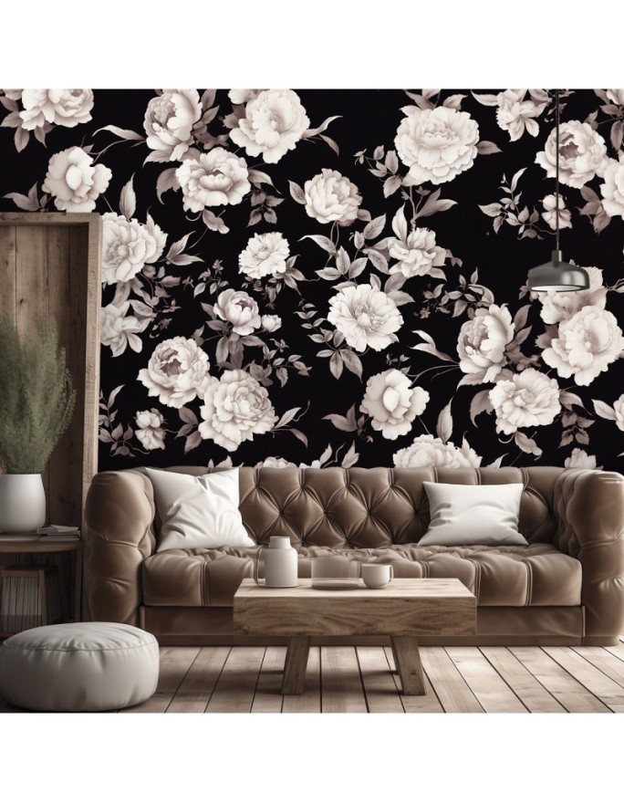 Photo wallpaper for living room - Black and white flowers | FEEBY