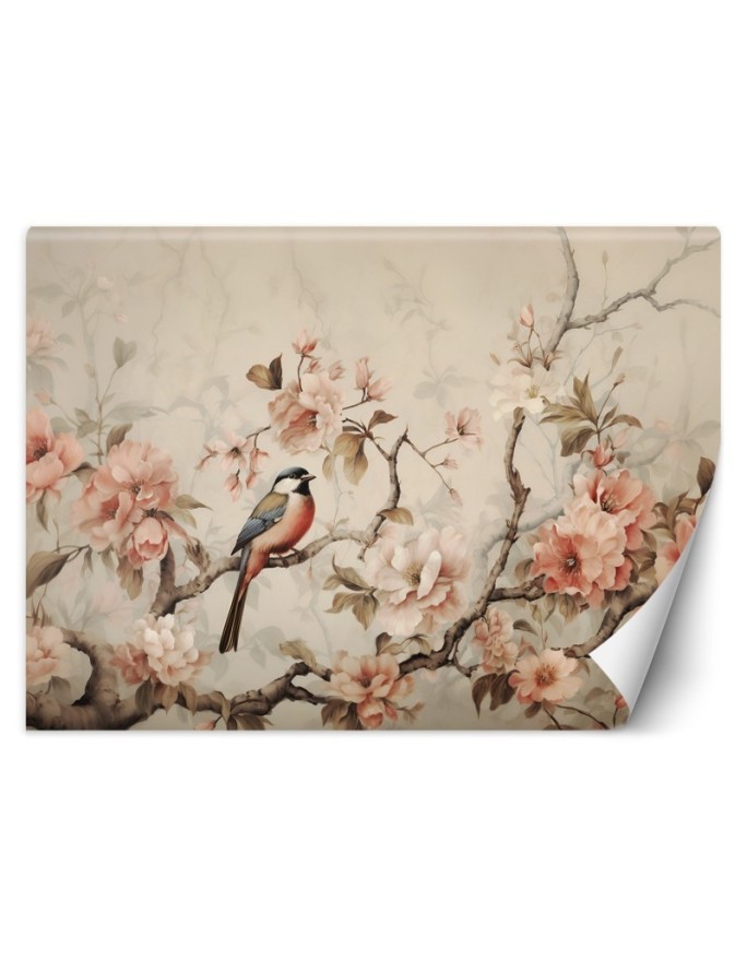 Wallpaper for living room - Bird on a branch and flowers | FEEBY