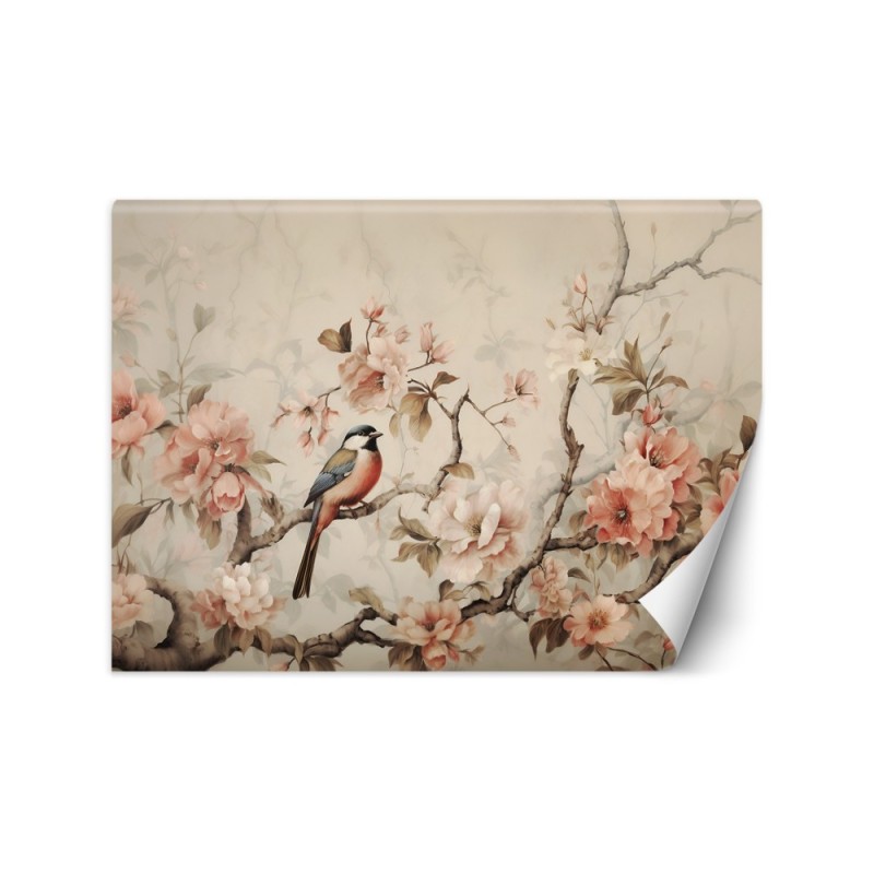 Wallpaper for living room - Bird on a branch and flowers | FEEBY