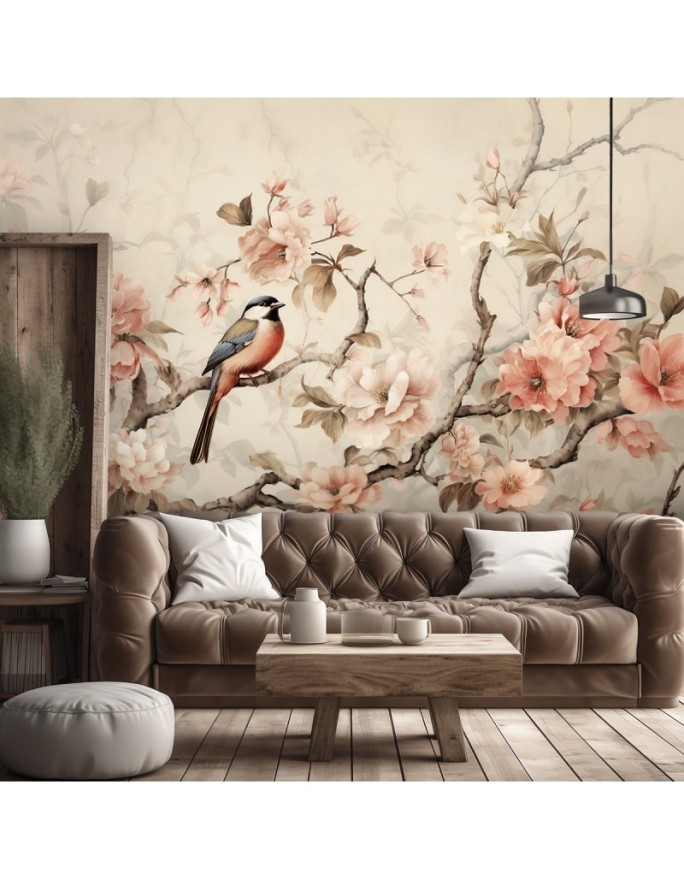 Wallpaper for living room - Bird on a branch and flowers | FEEBY