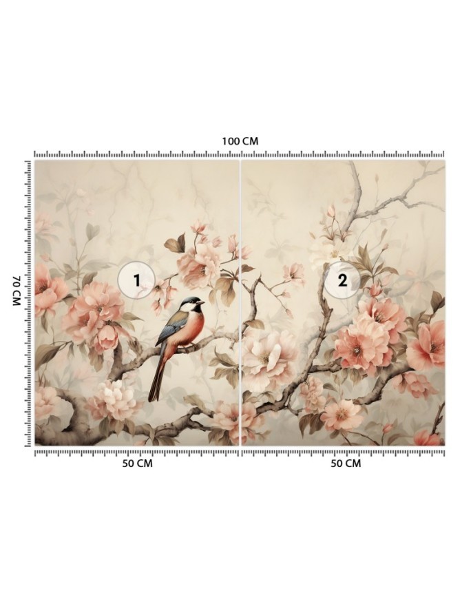 Wallpaper for living room - Bird on a branch and flowers | FEEBY