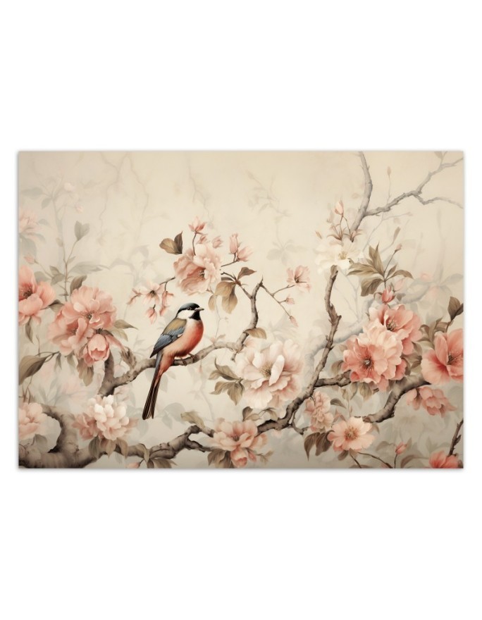 Wallpaper for living room - Bird on a branch and flowers | FEEBY