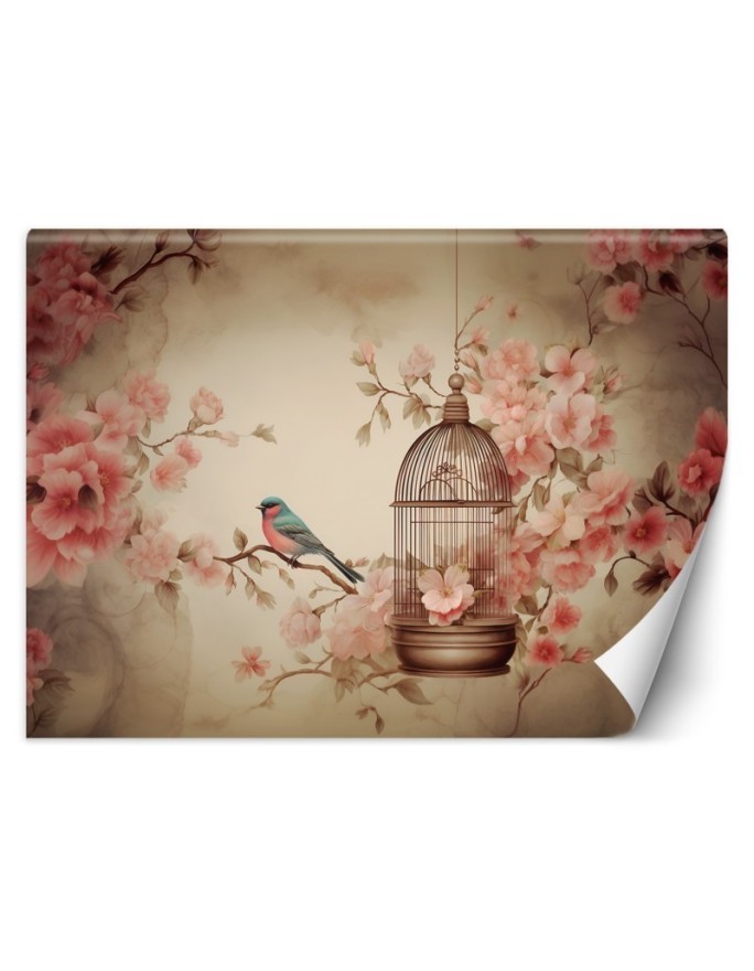 Photo wallpaper for living room - Bird on a branch vintage | FEEBY