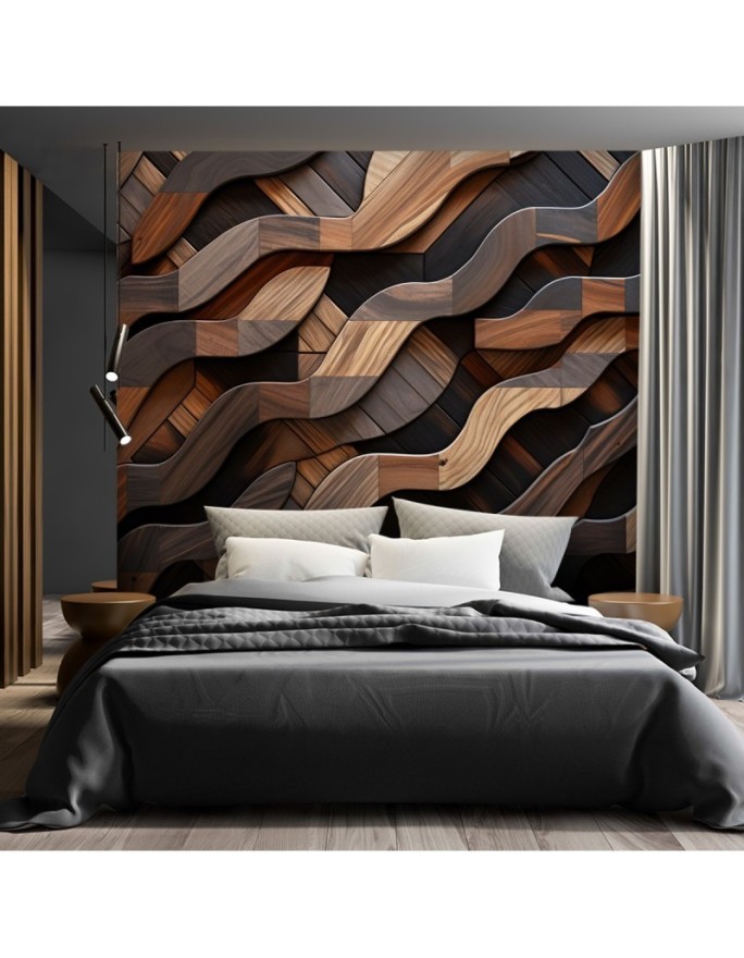 Photo wallpaper with textures - Brown wood waves abstract 3D | FEEBY