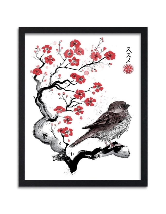 Poster Bird on a branch sumi-e