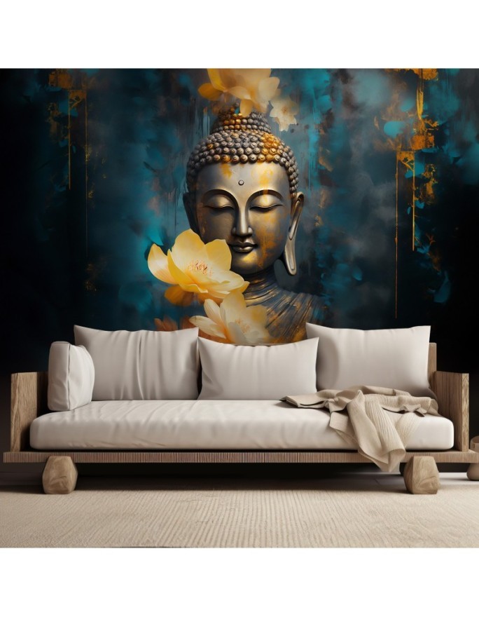 Living room wall mural - Feng Shui Buddha and golden flowers | FEEBY