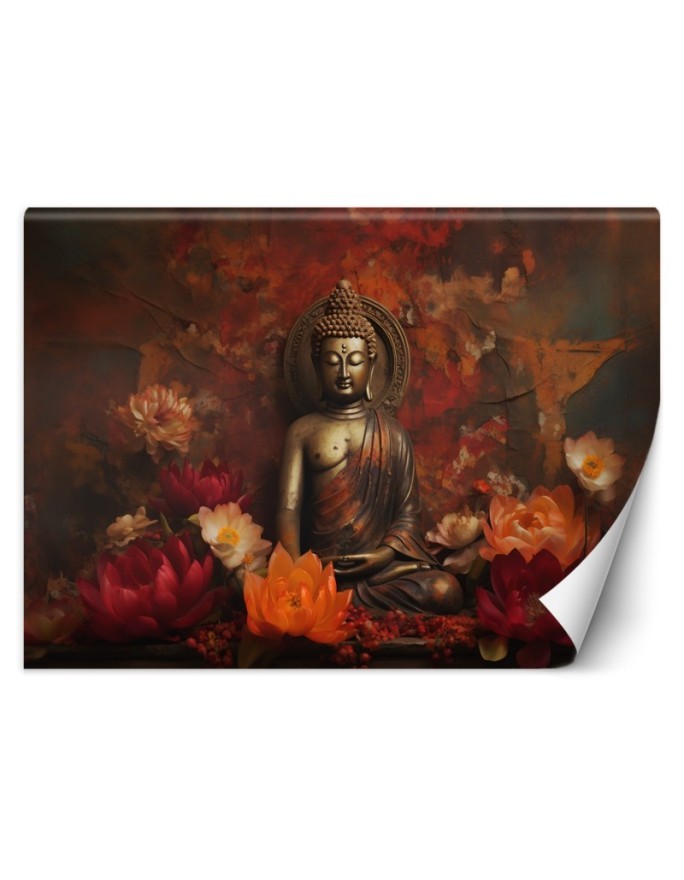 Modern wall mural - Meditating Buddha and colourful flowers | FEEBY
