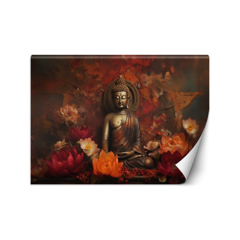 Modern wall mural - Meditating Buddha and colourful flowers | FEEBY