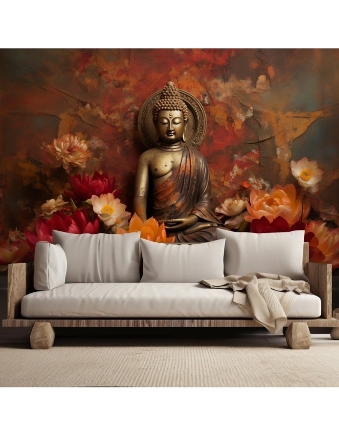 Modern wall mural - Meditating Buddha and colourful flowers | FEEBY