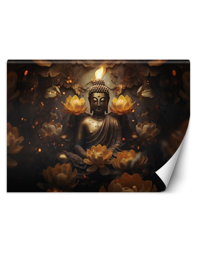 Living room wall mural - Golden Buddha and lotus flowers | FEEBY