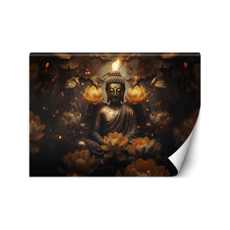 Living room wall mural - Golden Buddha and lotus flowers | FEEBY