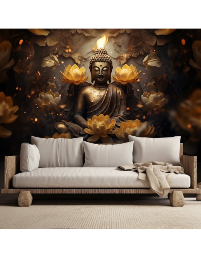 Living room wall mural - Golden Buddha and lotus flowers | FEEBY