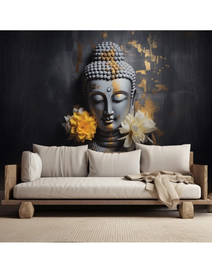Modern living room wall mural - Grey buddha and flowers | FEEBY