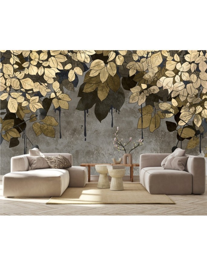 Living room wall mural - Golden leaves | FEEBY
